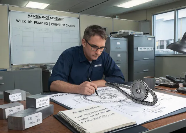 Maintenance planner reviewing sprocket drawing